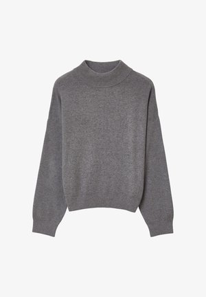 Grauer Strickpullover mit hohem, geripptem Halsausschnitt, überschnittenen Schultern und langen Ärmeln. Weiche Haptik und lockere Passform, abschließend mit einem gerippten Saum.