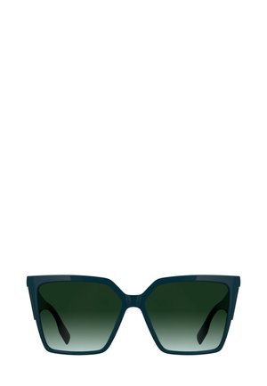 Lenti sfumate verdi in una montatura angolare, sovradimensionata, di un verde acqua scuro. Materiale plastico liscio con una sopracciglia larga e aste affusolate.