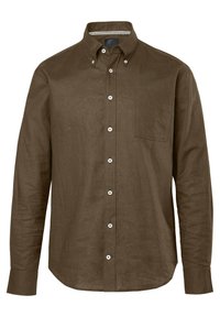 Braunes Leinen-Hemd zum Zumachen mit spitzem Kragen, langen Ärmeln, einer Brusttasche und weißen Knöpfen vorne.
