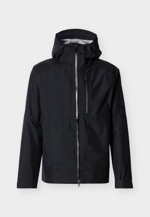 Must veekindel kapuutsiga jope esilukuga, rinnatasku lukuga ja reguleeritavate käistega, esitatud ühtlasel taustal.