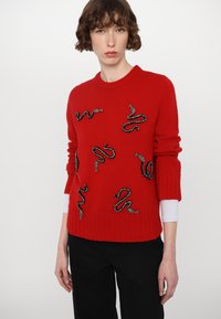Red knitted sweater featuring black snake motifs with embellishments. Round neckline and long sleeves with ribbed cuffs and hem.
