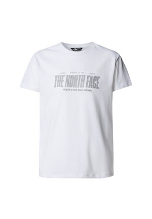 Bela kratka majica s kratkimi rokavi iz bombaža. Na sprednji strani je sivo obarvan logotip "THE NORTH FACE" z napisom "NEVER STOP EXPLORING" spodaj, okrogel izrez na vratu.