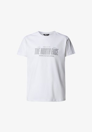 Valge puuvillane lühikeste varrukatega T-särk. Peal on halli värvi "THE NORTH FACE" logo ning all tekst "NEVER STOP EXPLORING", ümar kaelus.