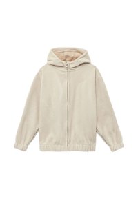 Beige fleece hættejakke med frontlynlås, elastiske ærmer og en afslappet pasform. Blød tekstur med en glat inderfor.