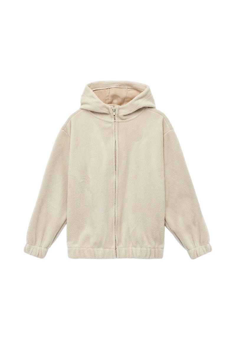 Beige fleece hættejakke med frontlynlås, elastiske ærmer og en afslappet pasform. Blød tekstur med en glat inderfor.