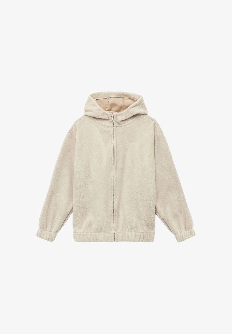 Beige fleece hættejakke med frontlynlås, elastiske ærmer og en afslappet pasform. Blød tekstur med en glat inderfor.