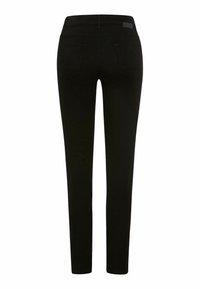 Schwarze enge Jeans mit glatter Textur, mittelhoher Taille, zwei Gesäßtaschen und dezenten Nähten. Keine sichtbaren Logos oder Verzierungen.