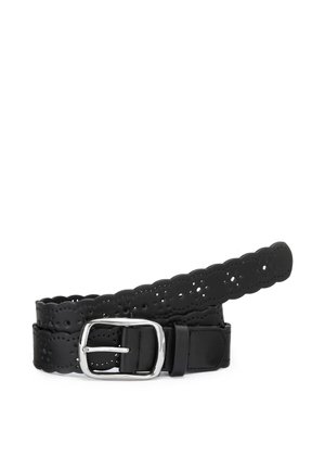 Schwarzer Ledergürtel mit gezackten Kanten, dekorativen Perforationen und einer silbernen rechteckigen Schnalle.
