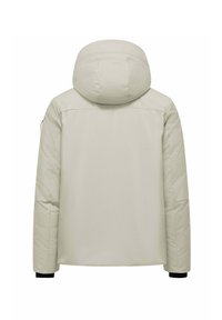 Lichtbeige pufferjack met een gewatteerde capuchon, elastische manchetten en een gladde buitenkant. Heeft een rechte snit en minimale details.