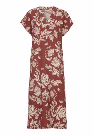 Knedlang kjole i rustfarve med korte ærmer og stort hvidt blomsterprint.