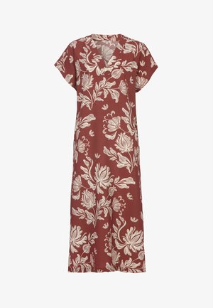 Knielanges Kleid in Rostfarbe mit kurzen Ärmeln und großem weißem Blumenmuster.