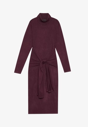 Vaatetus punainen neulemekko pitkillä hihoilla, korkealla kauluksella ja sidontatietolla vyötäröllä. Sileä pinta ja tiukka siluetti.