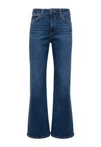 Dark blue flared denim jeans with five pockets, a front button closure, and contrast stitching along the seams. Standard waistband design.