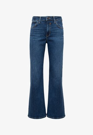 Dark blue flared denim jeans with five pockets, a front button closure, and contrast stitching along the seams. Standard waistband design.