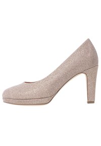 Beżowe błyszczące szpilki z okrągłym noskiem i obcasem o wysokości 10 cm. Gładka tekstura, lekko platformowany przód oraz elegancka sylwetka.