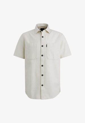 Camicia button-up a maniche corte, color avorio con motivo testurizzato, due tasche frontali, bottoni neri e un design colletto classico.