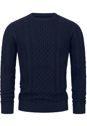 Marineblå sweater med et struktureret strikmønster og kabelmønstre, rund halsudskæring samt ribkant ved ærmer og i bunden for ekstra struktur.