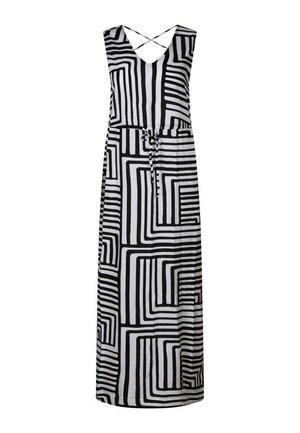 Robe maxi sans manches avec motif géométrique en noir et blanc, col en V, bretelles croisées dans le dos et ceinture à nouer à la taille.