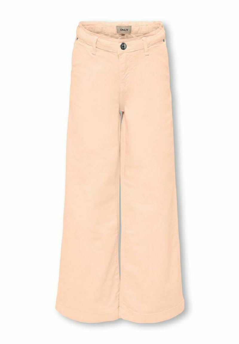 Pantalones de pierna ancha color durazno claro, fabricados en una mezcla de algodón. Cuenta con un cierre de botón simple y lazos para cinturón. Textura suave y sin patrones.