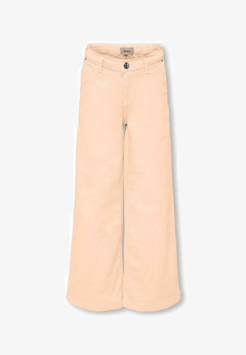 Light peach wide-leg pants made of cotton blend. Features a single button closure and belt loops. Smooth texture and no patterns.