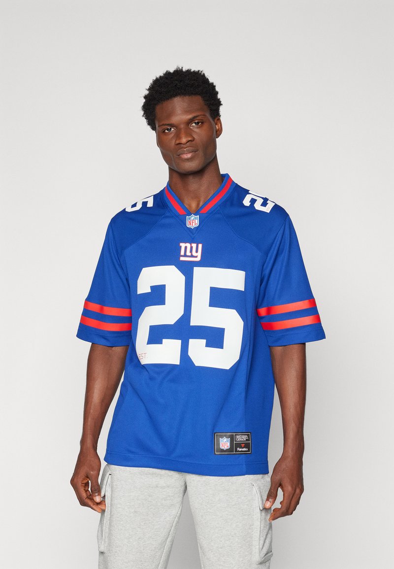 Maillot NFL bleu avec des accents blancs et rouges, dotée d'un logo "NY", d'un grand numéro "25", de manches courtes et d'une étiquette en tissu sur le côté.