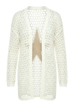 Witte opengewerkte cardigan met lange mouwen en een beige sterpatroon dat zichtbaar is onder de meshstof.