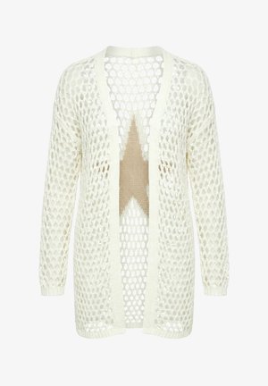 Witte opengewerkte cardigan met lange mouwen en een beige sterpatroon dat zichtbaar is onder de meshstof.