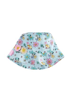 Light blue bucket hat with colorful cartoon characters, large pink, yellow, and blue flowers, and two small crocheted flower appliques on the side.