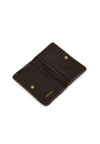 Brown leather wallet with gold branding, featuring multiple card slots and a snap closure, smooth texture, compact rectangular design.