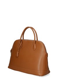 Borsa a mano in pelle marrone con forma arrotondata, chiusura a zip e manici doppi. Superficie testurizzata senza motivi o logo visibili.