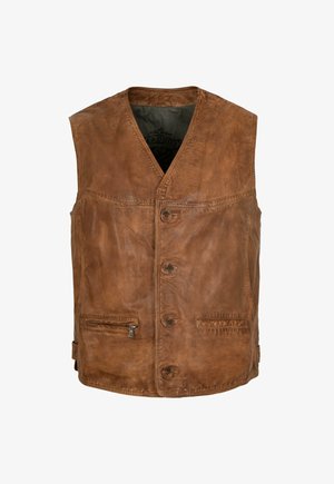 Braune Lederweste mit Knöpfen, V-Ausschnitt, zwei Fronttaschen und verstellbaren Seitenriemen.