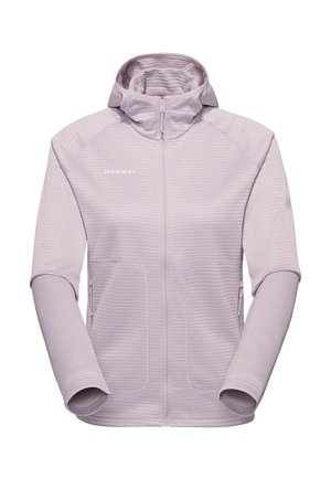 Hellviolette Mammut-Kapuzenjacke mit Reißverschluss, Kapuze, strukturierten horizontalen Streifen, langen Ärmeln und vorderen Reißverschlusstaschen.