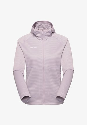 Hellviolette Mammut-Kapuzenjacke mit Reißverschluss, Kapuze, strukturierten horizontalen Streifen, langen Ärmeln und vorderen Reißverschlusstaschen.