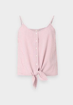 Rdeče in bele črtaste brezrokavnike z gumbom spredaj in zavezanjem na robu. Lahka tkanina, sproščen kroj, mehak občutek.