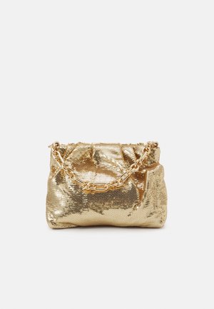 Small gold sequin clutch bag with a gathered top and a chunky gold chain handle on a white background.