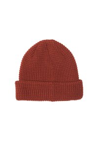 Czerwony, dziany beanie z zawiniętym mankietem. Tekstura jest luźnym splotem, co zapewnia swobodne dopasowanie. Posiada bezszwowy design góry.