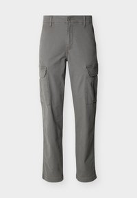 Γκρι cargo παντελόνι με ίσια μπότα, πλαϊνές τσέπες με καπάκι, θηλιές για ζώνη, κούμπωμα με κουμπί και διακοσμητικές ραφές μπροστά.