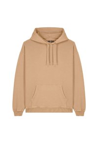 Felpa con cappuccio beige, con tasca a marsupio frontale, cappuccio con cordoncino, polsini e orlo a coste, etichettata "Mira Paris" all'interno del colletto.