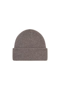 Bonnet tricoté en couleur gris-brun douce. Présente un revers et un dessus sans couture, avec une texture côtelée sur toute sa surface.