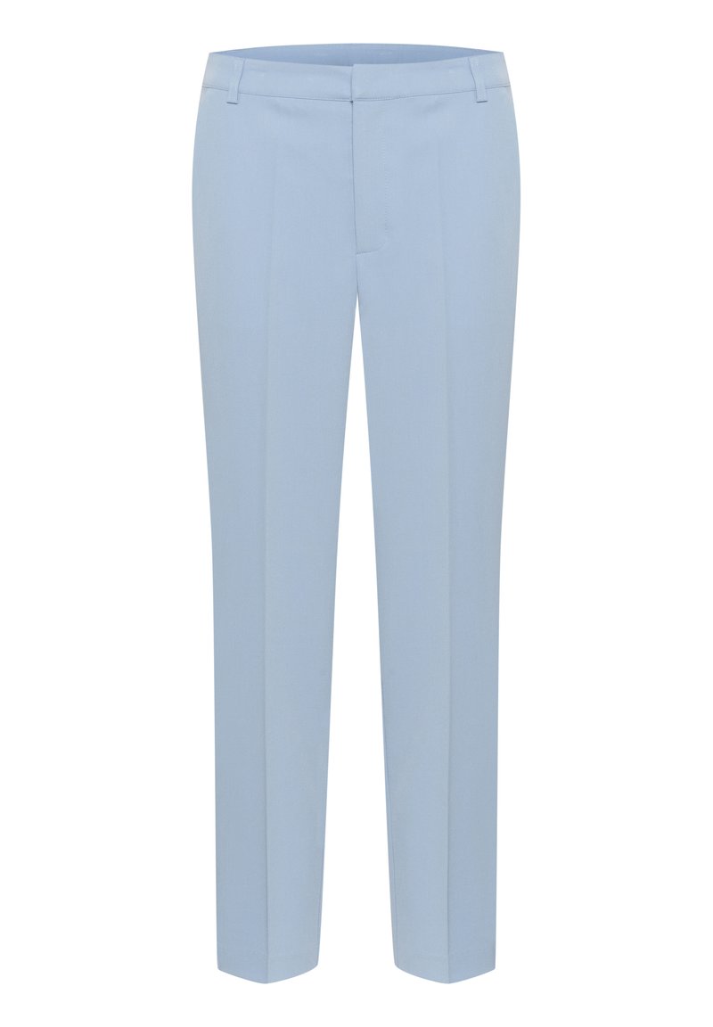Light blue trousers in a straight-leg design, crafted from smooth fabric with pressed creases and a subtle sheen.
