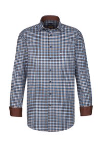 Camicia a maniche lunghe a quadri nei toni marroni, blu e bianchi, con polsino marrone, pattina dei bottoni e tasca sul lato sinistro del petto.