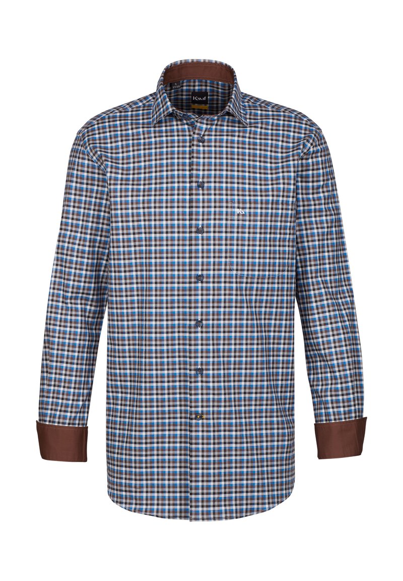 Camicia a maniche lunghe a quadri nei toni marroni, blu e bianchi, con polsino marrone, pattina dei bottoni e tasca sul lato sinistro del petto.