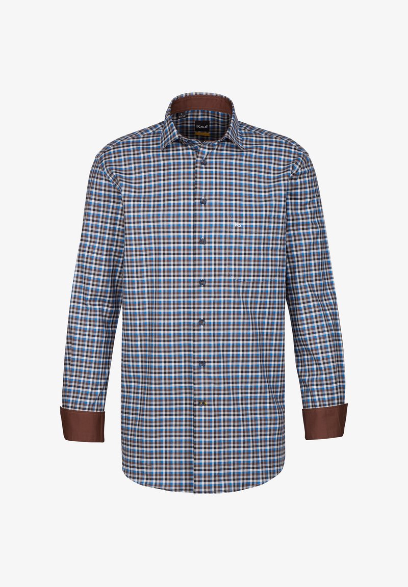 Camicia a maniche lunghe a quadri nei toni marroni, blu e bianchi, con polsino marrone, pattina dei bottoni e tasca sul lato sinistro del petto.