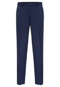 Marine-Hosen, taillierte Passform, flacher Bund, glatte Textur, Ein-Knopf-Verschluss, Gürtelschlaufen und gerade Beine mit minimalen Details.