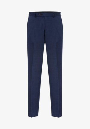 Navy dress pants, tailored fit, flat front, smooth texture, single button closure, belt loops, and straight legs with minimal detail.