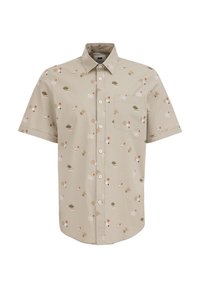 Krátký rukáv béžové košile s květinovým a botanickým potiskem, s náprsní kapsou a knoflíkovým zapínáním. Měkký, hladký textilní materiál.