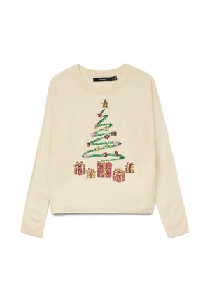 Cream long-sleeve sweater with a green and red sequin Christmas tree design topped with a gold star and surrounded by wrapped gift boxes.
