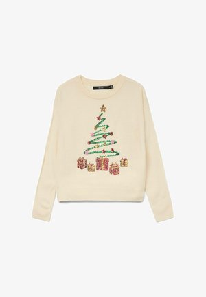 Krems krūšturis ar garām piedurknēm un zaļu un sarkanu dekoratīvu Ziemassvētku eglītes dizainu, virs kura ir zelta zvaigzne un kas apkārt ir iesaiņotās dāvanas.