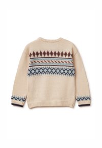Krémový svetr s kulatým výstřihem, zdobený vzorovanými akcenty v tmavě hnědé a modré barvě, a texturovanými žebrovanými manžetami.