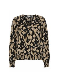 Blouse imprimé animal noir et taupe avec un col en V, des manches longues bouffantes et un ourlet élastiqué. Tissu doux avec une texture lisse.